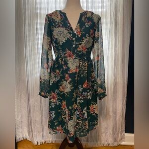 A New Day green dress with floral print, size small, long sleeve, knee length